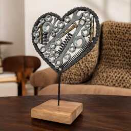 Motorcycle Chain Heart Sculpture Welded Metal Art On Irish Oak - thumbnail 4