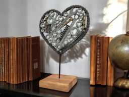 Motorcycle Chain Heart Sculpture Welded Metal Art On Irish Oak