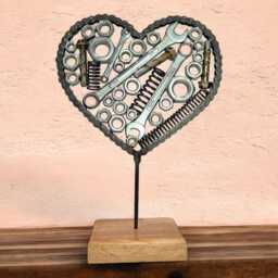 Motorcycle Chain Heart Sculpture Welded Metal Art On Irish Oak - thumbnail 2