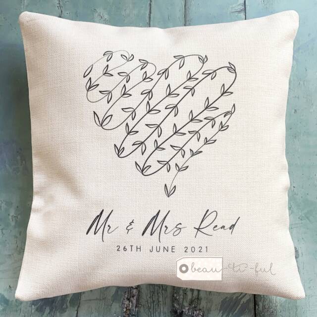 Personalised Mr Mrs Wedding Anniversary Vine Heart Design Linen Style Cushion Decor Cover