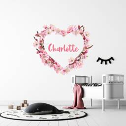 Flower Name Wall Decal , Personalised Girls Nursery Decor Bedroom Sign Customized Stickers Floral Art Heart - thumbnail 3