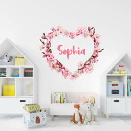 Flower Name Wall Decal , Personalised Girls Nursery Decor Bedroom Sign Customized Stickers Floral Art Heart - thumbnail 2