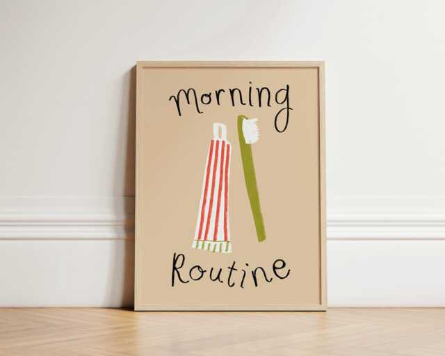 Morning Routine Print, Bathroom Poster, Wall Art, Decor, Aesthetic Brush Teeth Trendy Unframed - image 1