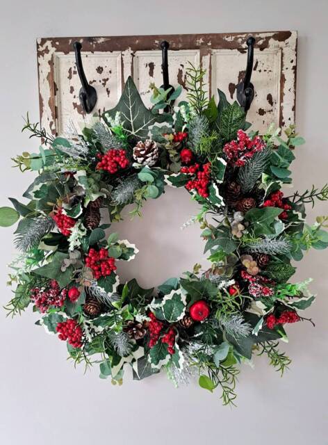 Winter Wreath, Christmas Rustic Holly Ivy Christmas Door Wreath, Pine Xmas - image 1