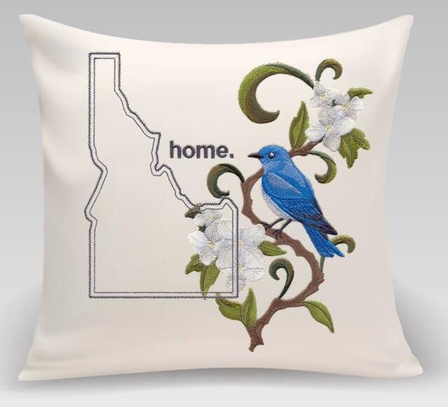 Idaho Mountain Bluebird & Syringa Flower Medley. Embroidered With Feather Insert - image 1
