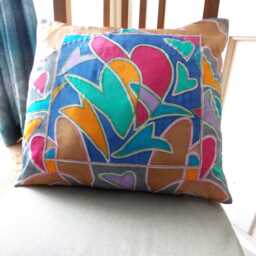 Silk Cushion Cover. Valentines Day. Heart Shapes. Hand Painted, Textural. Red, Blue, Yellow - thumbnail 3