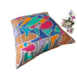 Silk Cushion Cover. Valentines Day. Heart Shapes. Hand Painted, Textural. Red, Blue, Yellow - thumbnail 4