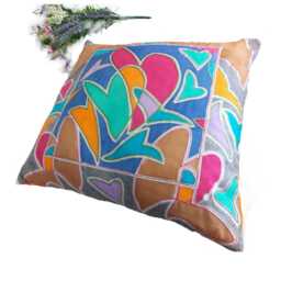 Silk Cushion Cover. Valentines Day. Heart Shapes. Hand Painted, Textural. Red, Blue, Yellow