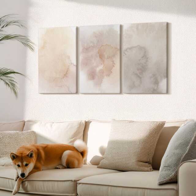 Canvas Set Of 3 Wall Art - Warm Watercolors On With Pastel Textures, Brown Photo Print, Natural Textures Hanging Piece - image 1
