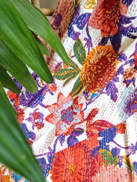 Kantha Stitch Pure Cotton Reversible Bed Sofa Picnic Kids Room Throw Single Twin Dohar Floral Colourful Burst White Purple Orange - image 1