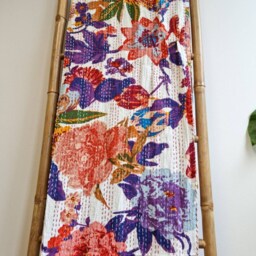Kantha Stitch Pure Cotton Reversible Bed Sofa Picnic Kids Room Throw Single Twin Dohar Floral Colourful Burst White Purple Orange - thumbnail 2