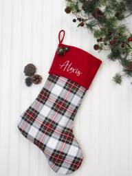 Plaid Flannel Christmas Stocking Farmhouse Style, Embroidered Cuff