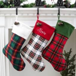Plaid Flannel Christmas Stocking Farmhouse Style, Embroidered Cuff - thumbnail 3