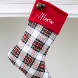 Plaid Flannel Christmas Stocking Farmhouse Style, Embroidered Cuff - thumbnail 2