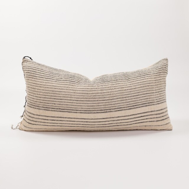 Hand Woven Ethnic Lumbar Pillow, Striped Cotton Weave With Tassels - image 1