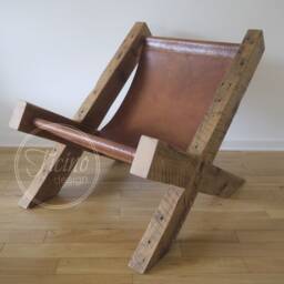 Reclaimed Wood & Leather Sling Chair - Rustic Lounge - thumbnail 2