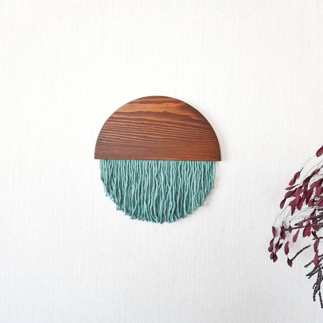 Mint Fiber Art Wall Hanging Round Wood & Yarn Tapestry - image 1
