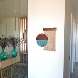 Mint Fiber Art Wall Hanging Round Wood & Yarn Tapestry - thumbnail 2