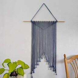 Large Handmade Minimalist Wall Hanging, Royal Blue Boho Ombre Tapestry, Macrame Art On Wooden Dowel With Cotton Cords, Chic Design & Decor - thumbnail 3