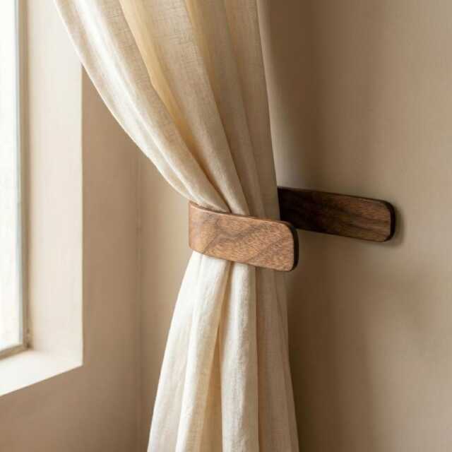 Curtain Holdbacks - Walnut Adhesive Tie Backs No Drill Hooks Wooden Wall Mounted - image 1