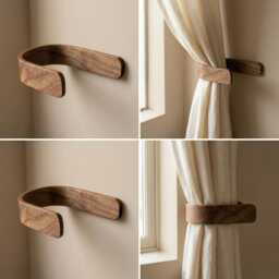 Curtain Holdbacks - Walnut Adhesive Tie Backs No Drill Hooks Wooden Wall Mounted - thumbnail 2
