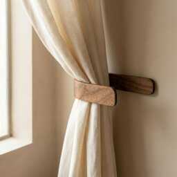 Curtain Holdbacks - Walnut Adhesive Tie Backs No Drill Hooks Wooden Wall Mounted