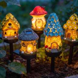 Fairy House Solar Garden Stake, Light Up Mushroom Cottage, Outdoor Pathway Lawn Ornament - thumbnail 1