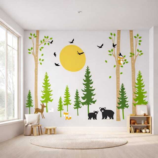 Kids Room Decals, Woodland Animals Wall Stickers, Forest Nursery Decor, Bear Deer Mountains - Peel-And-Stick - image 1