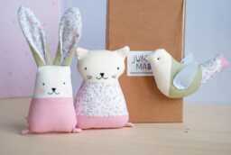 Fabric Baby Toys Set Rabbit Cat Bird Stuffed Pink Blush Green