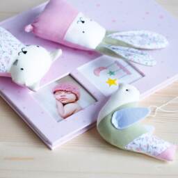 Fabric Baby Toys Set Rabbit Cat Bird Stuffed Pink Blush Green - thumbnail 2