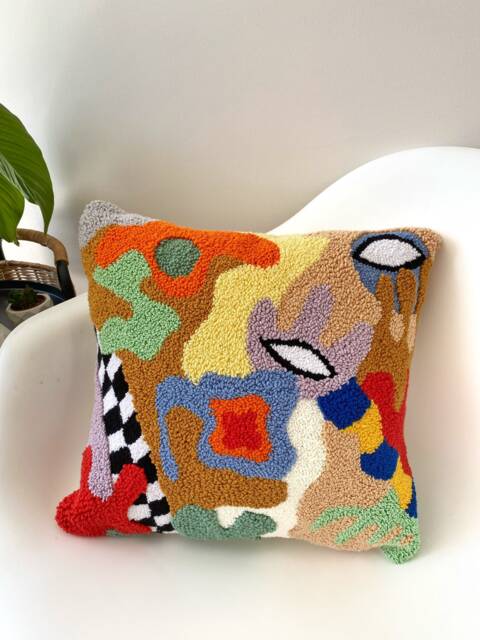 Hand Tufted Punch Needle Pillow Cover, Decorative Embroidered Cushion Cover, Y2K Checker Aesthetics, Fun Home Decor Rug, Colourful Throw - image 1