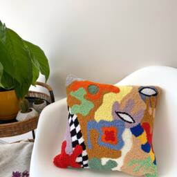 Hand Tufted Punch Needle Pillow Cover, Decorative Embroidered Cushion Cover, Y2K Checker Aesthetics, Fun Home Decor Rug, Colourful Throw - thumbnail 3