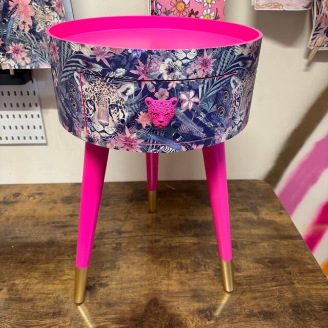 Round Hot Pink Bedside Table, Navy Leopard & Floral Design. Wooden Cheetah Side Table With Drawer. Quirky Nightstand For Bedroom - image 1