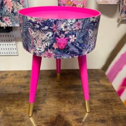 Round Hot Pink Bedside Table, Navy Leopard & Floral Design. Wooden Cheetah Side Table With Drawer. Quirky Nightstand For Bedroom