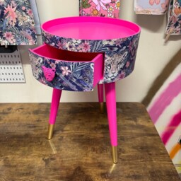 Round Hot Pink Bedside Table, Navy Leopard & Floral Design. Wooden Cheetah Side Table With Drawer. Quirky Nightstand For Bedroom - thumbnail 2