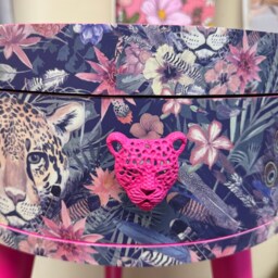 Round Hot Pink Bedside Table, Navy Leopard & Floral Design. Wooden Cheetah Side Table With Drawer. Quirky Nightstand For Bedroom - thumbnail 3
