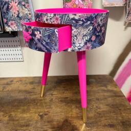 Round Hot Pink Bedside Table, Navy Leopard & Floral Design. Wooden Cheetah Side Table With Drawer. Quirky Nightstand For Bedroom - thumbnail 4