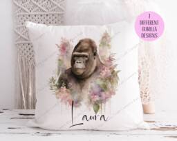 Gorilla Cushion, Pillow, Girl Gorilla, Gift, Watercolour Floral Lover, Gift For Mum, Her - thumbnail 1