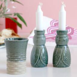 3D Printed Clay Shabbat Set, Emerald Weaving Kiddush Cup, Kokeshi Candlesticks - thumbnail 2