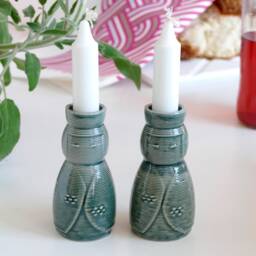 3D Printed Clay Shabbat Set, Emerald Weaving Kiddush Cup, Kokeshi Candlesticks - thumbnail 3