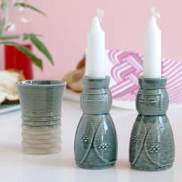 3D Printed Clay Shabbat Set, Emerald Weaving Kiddush Cup, Kokeshi Candlesticks
