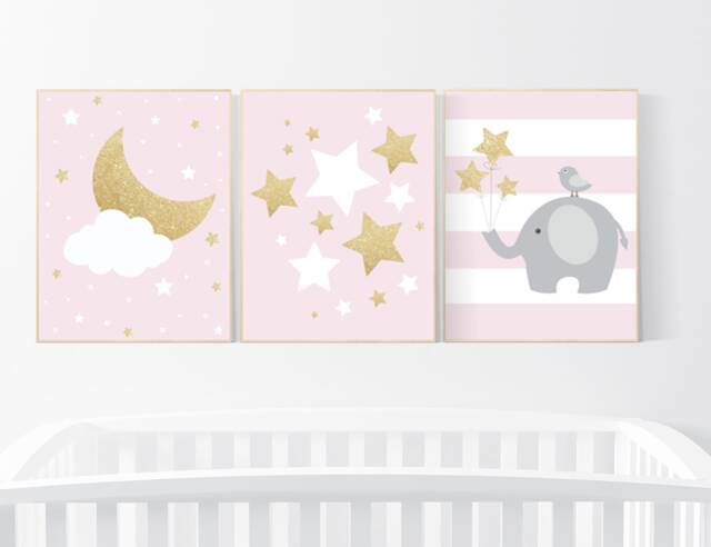 Pink & Gold Elephant Nursery Wall Art Moon, Stars, Cloud Prints - image 1