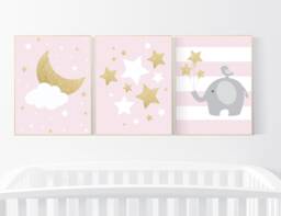 Pink & Gold Elephant Nursery Wall Art Moon, Stars, Cloud Prints - thumbnail 1