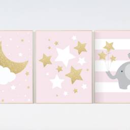 Pink & Gold Elephant Nursery Wall Art Moon, Stars, Cloud Prints - thumbnail 2