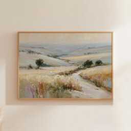 Pastel Field Poster, Soft Countryside Wall Art, Landscape Painting - thumbnail 1