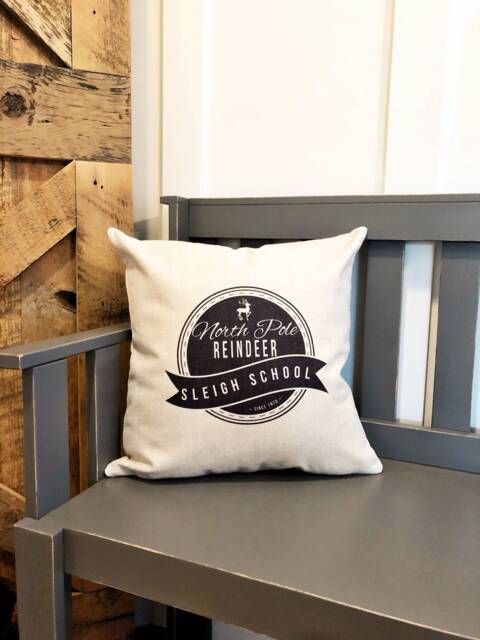 North Pole Reindeer School Linen Pillow Cover - Christmas Farmhouse Decor - image 1
