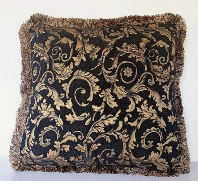 Large Black Gold Floral Leaf Throw Pillow With Fringe For Sofa Or Chair Handmade in Usa Rectangle Square - image 1