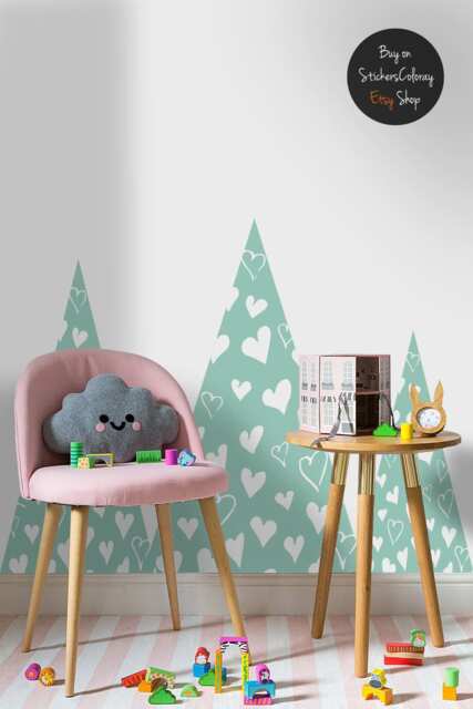 Mountains Wall Decal, Removable, Hearts Pattern, Landscape Decor For Kids Room, Nurseries, Peel & Stick, Self Adhesive #63 - image 1