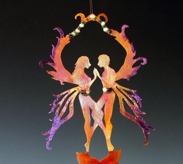Same Sex Fairy Couple Sculpture - Obsidian Wind Chime, Love Potion Bottle - image 1