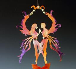 Same Sex Fairy Couple Sculpture - Obsidian Wind Chime, Love Potion Bottle